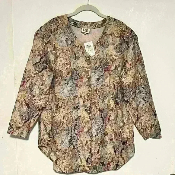 Vintage KBNI Womens Floral V Neck Button Up Top Blouse Modest Size Large $100 - Picture 1 of 12